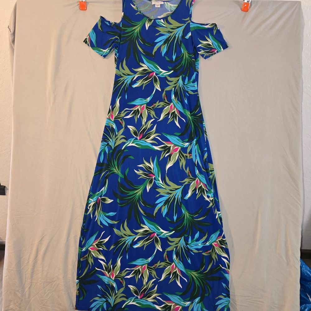 Jaclyn Smith Maxi Dress Small Womens Blue Tropical Floral Cold Shoulder Slit